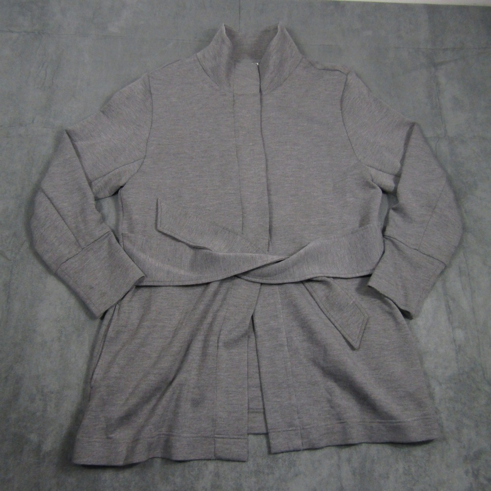 Varley Cardigan Jacket Women Large Gray Belted Funnel Neck Viscose Blend 00530